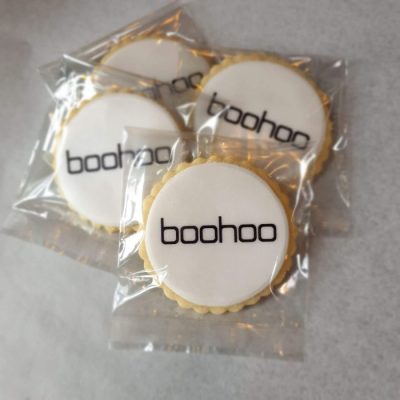 Boohoo bespoke corporate branded biscuits created by Bloom Bakers
