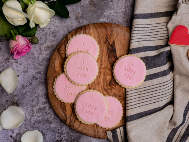 I love you fondant biscuits on a wooden tray