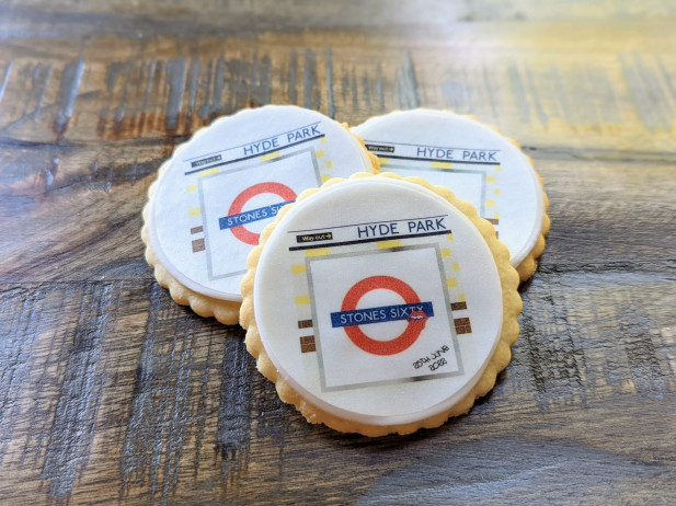 Hyde Park Tube station Rolling Stones concert logo biscuits